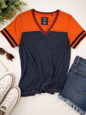 Antigua Orange & Navy V-Neck Short Sleeve Tee